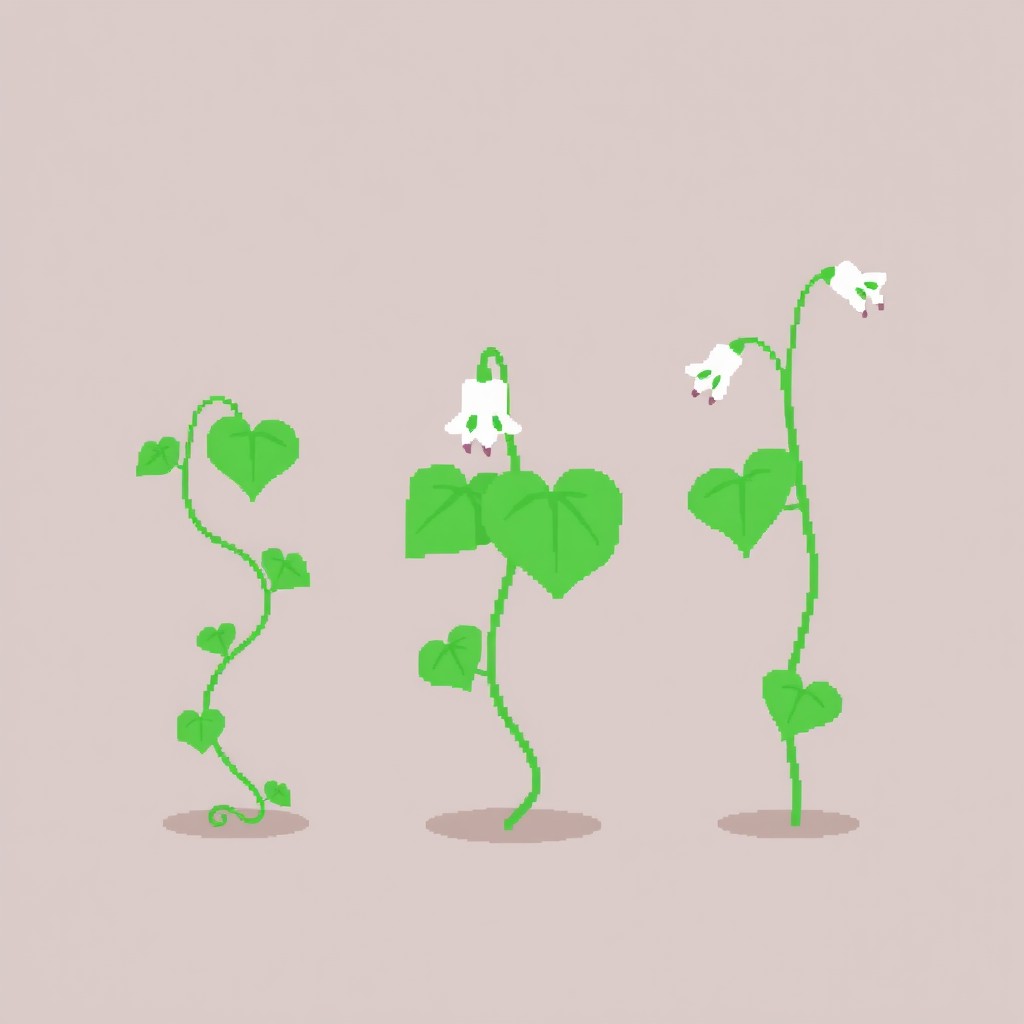 A simple pixel art illustration of three distinct bindweed plants, each showcasing their winding green vines, heart-shaped leaves, and tubular white flowers