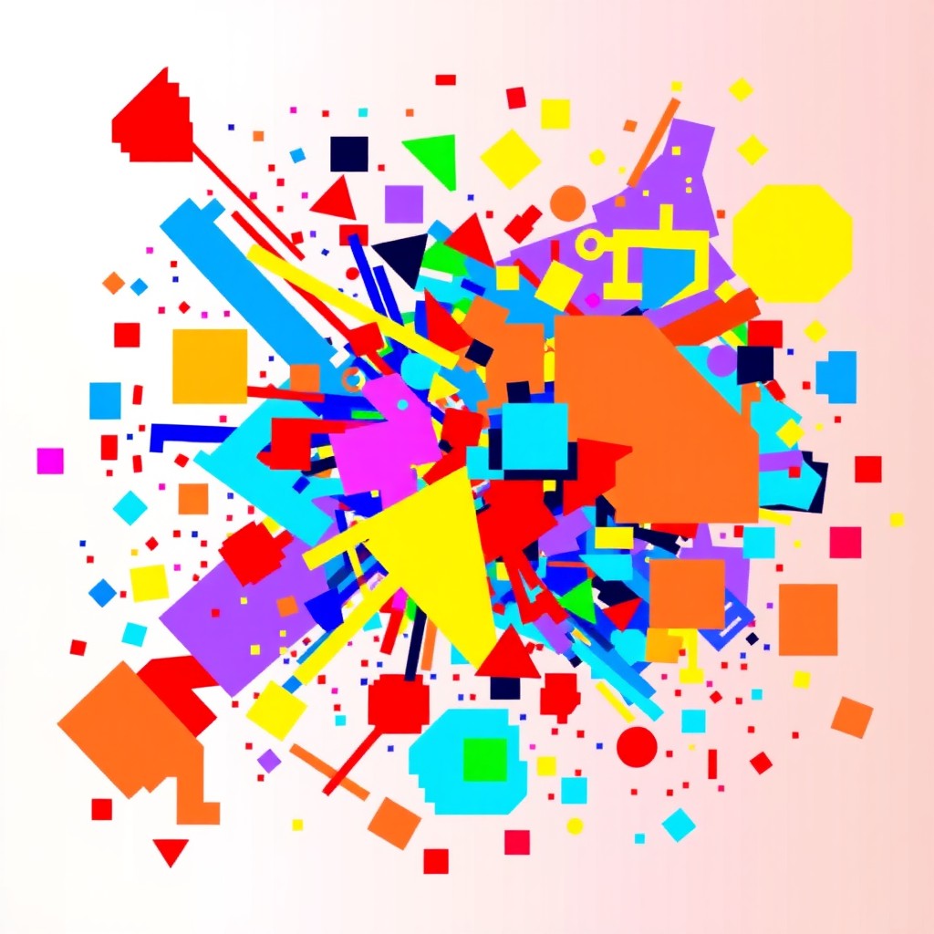 A vibrant and colorful abstract pixel art composition, showcasing a blend of geometric shapes and patterns