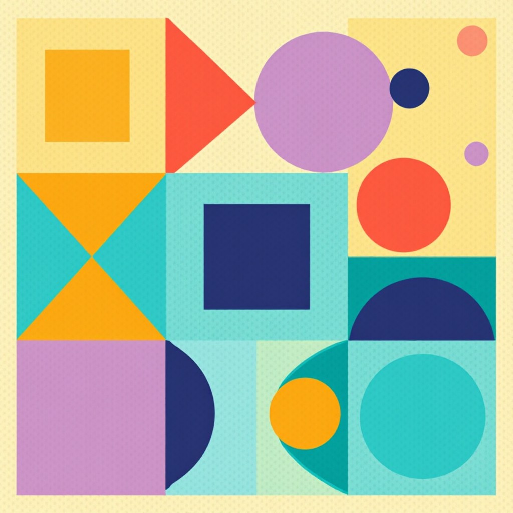 An abstract pixel art design suitable for patchwork, featuring a harmonious mélange of simple geometric shapes and vibrant colors