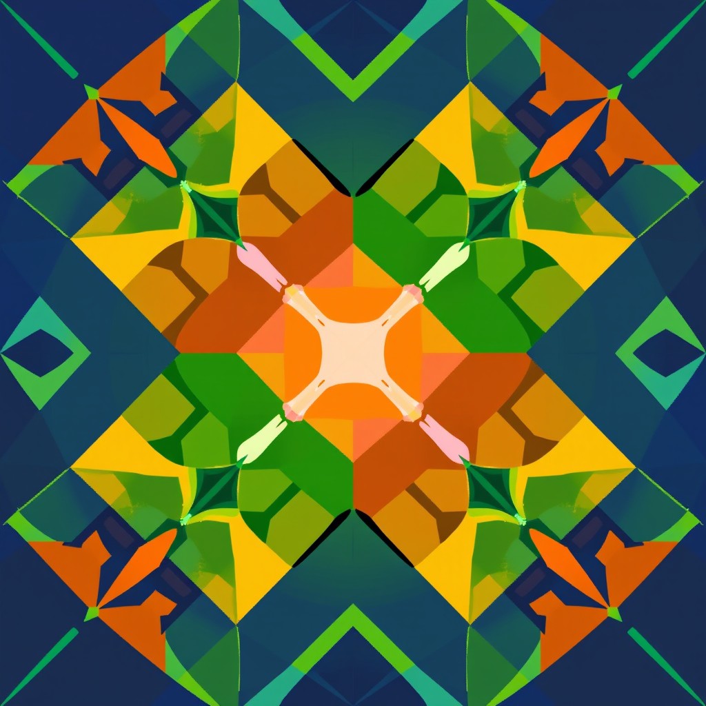 A symmetric abstract pixel art design tailored for patchwork, featuring intricate yet simple geometric shapes like squares and triangles arranged in perfect harmony