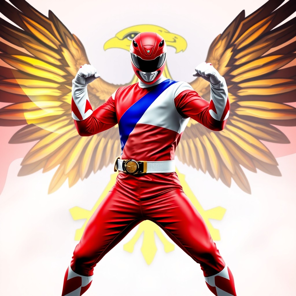 A Red Ranger from Power Rangers striking a cool pose, creatively integrated with the Philippine flag incorporated into the suit design