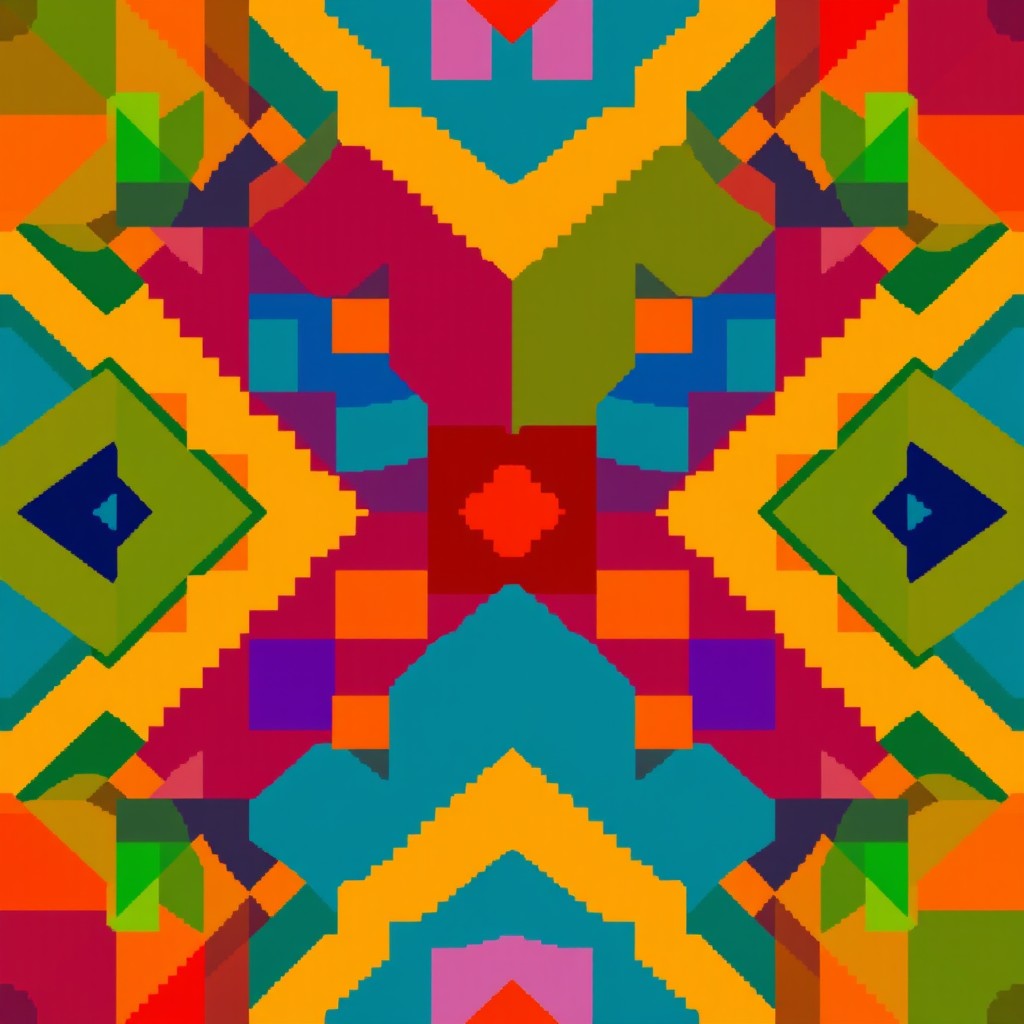 A symmetric abstract pixel art design specifically for patchwork applications, featuring a series of simple geometric shapes such as squares, diamonds, and zigzags arranged in a perfectly balanced layout