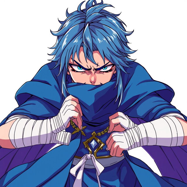 A character reimagined as a princely figure dressed in elegant blue tones, maintaining decorative bandages around the arms