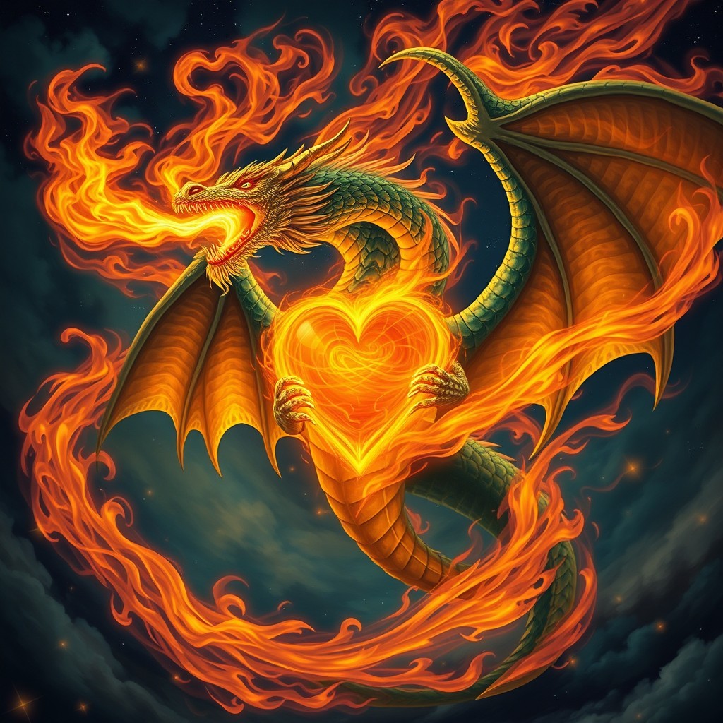 A majestic dragon breathing fire, surrounded by swirling flames in vibrant colors, with a glowing heart at its center, radiating warmth and energy