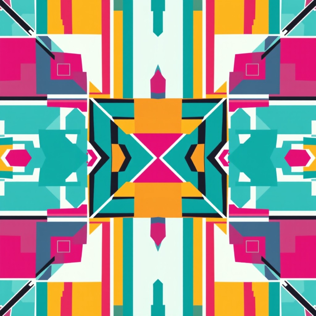 A mirror abstract pixel art design created for patchwork, showcasing a series of simple geometric shapes and patterns that reflect symmetry