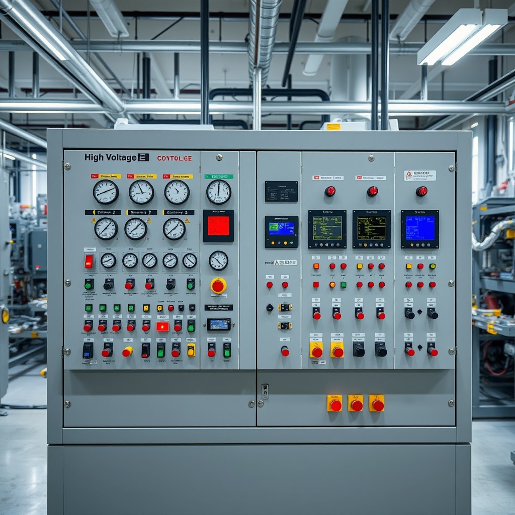 A high voltage control panel in a modern industrial setting, showcasing an intricate arrangement of dials, switches, buttons, and display screens