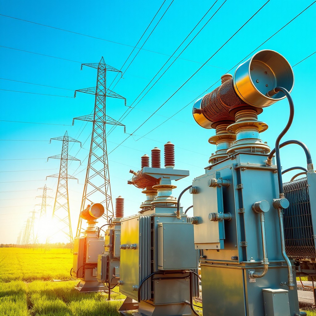 An impressive depiction of high voltage electrical equipment situated in a dynamic industrial environment