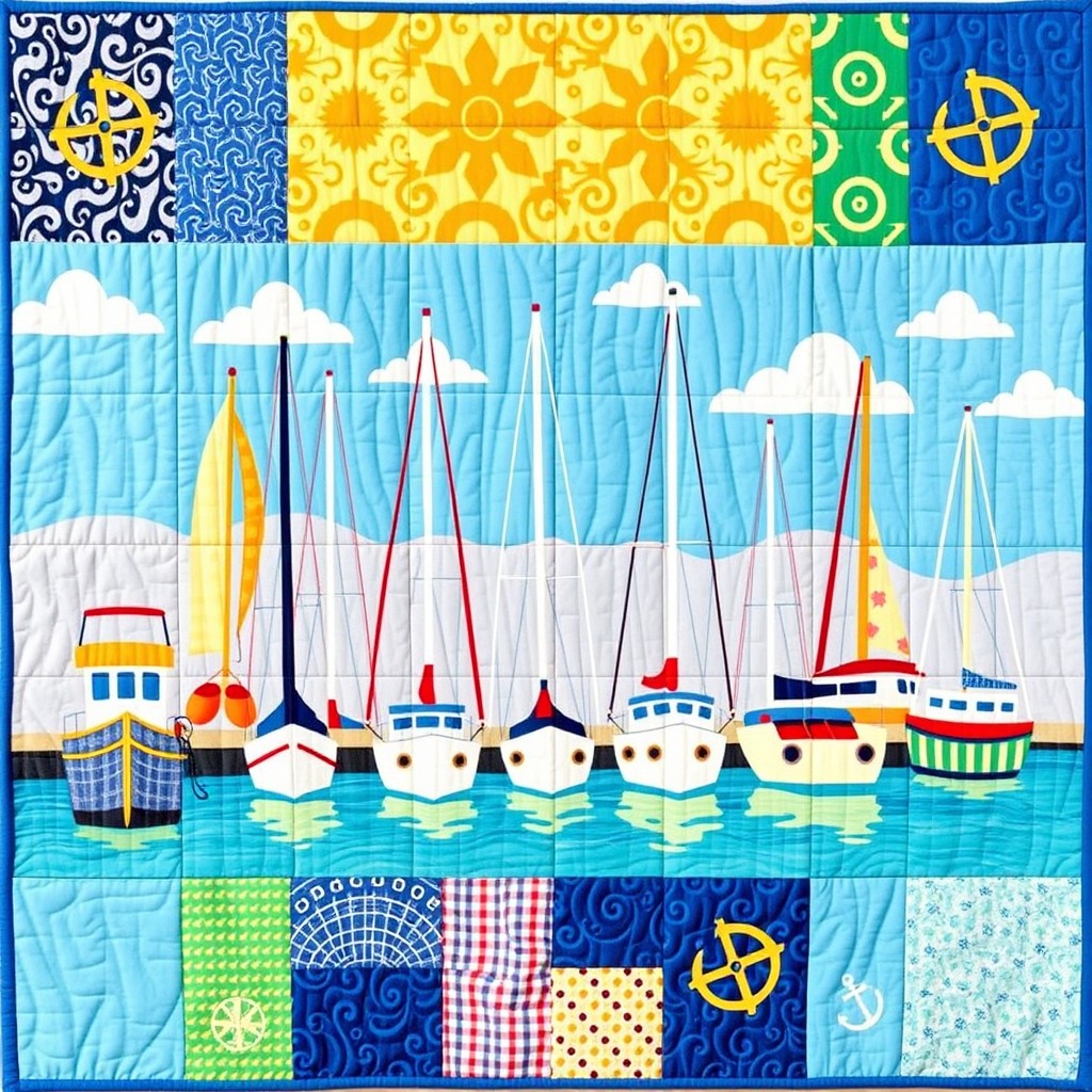 A vibrant, colorful patchwork quilt featuring a marina scene, showcasing various boats of different shapes and sizes docked by the water under a clear blue sky