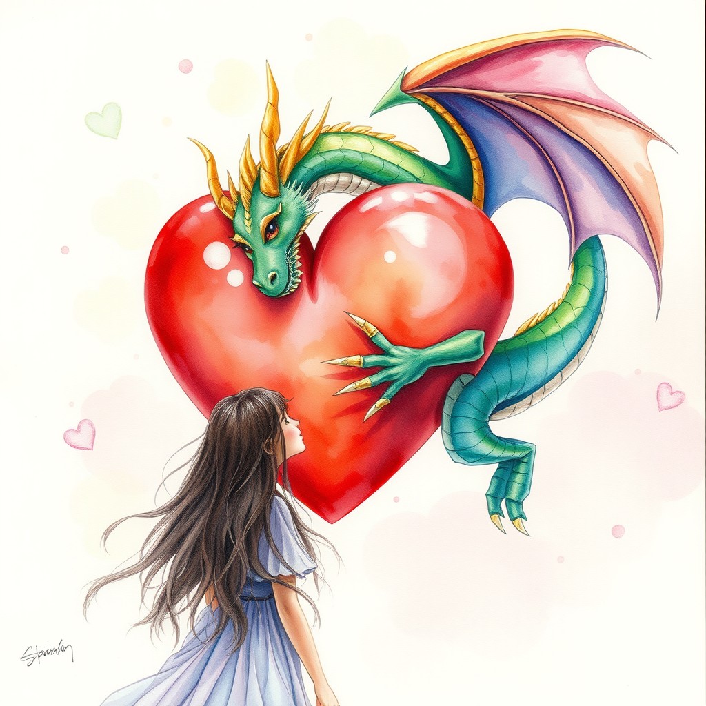A beautiful watercolor painting featuring a whimsical dragon and a large heart