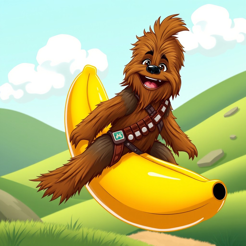 A whimsical scene featuring Chewbacca joyfully riding a giant, vibrant yellow banana