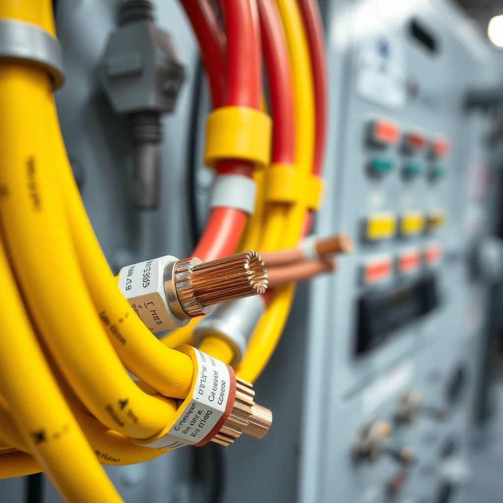 A close-up view of high voltage wiring in an industrial setting, showcasing the intricate details and safety features of the wires and connectors