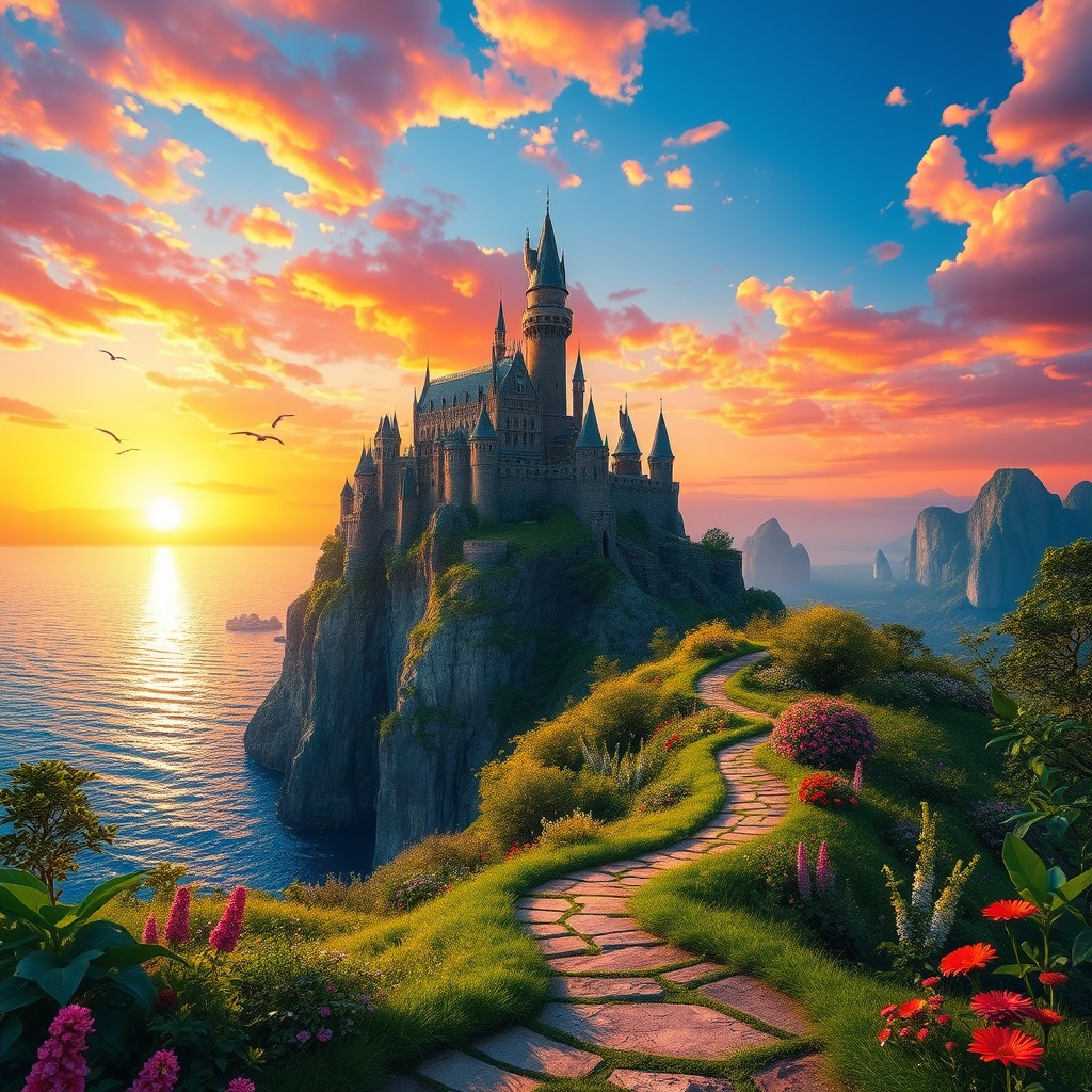 A stunning fantasy landscape featuring a majestic castle perched atop a towering cliff, overlooking a sparkling blue ocean