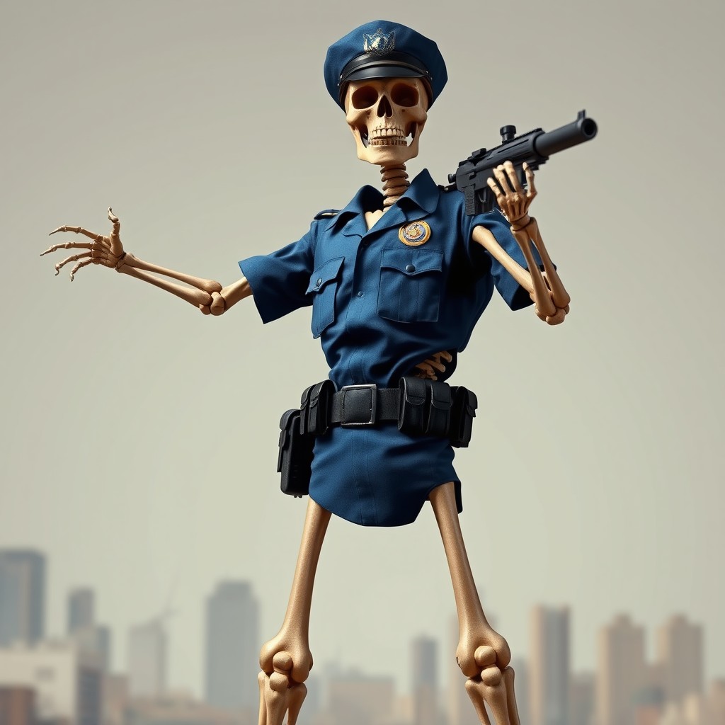 A muscular skeleton dressed in a blue police uniform, standing in a frontal position and aiming to the right