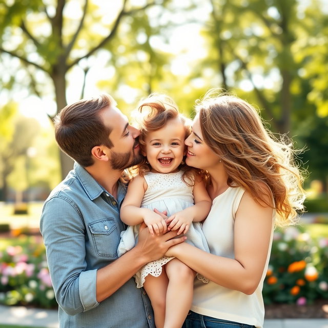 A young, beautiful couple joyfully kissing, holding their adorable little daughter in their arms