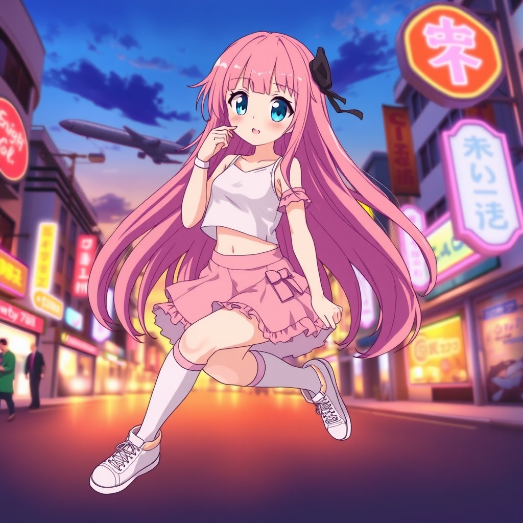 A full-body illustration of an anime girl with long, flowing pink hair and large, expressive blue eyes