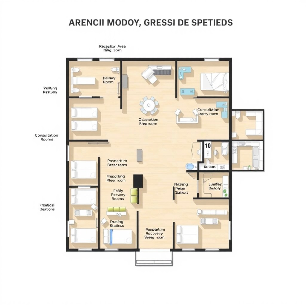 A detailed floor plan layout of a lying-in clinic, showcasing various essential areas including a reception area, waiting room, consultation rooms, delivery rooms, postpartum recovery rooms, and nursing stations