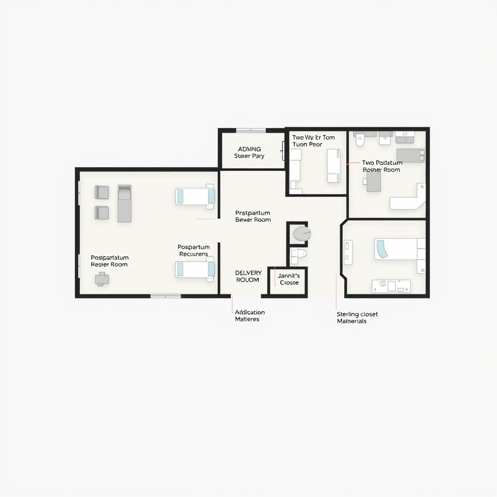 A detailed architectural floor plan of a Lying-in Clinic, showcasing the layout from the entrance perspective