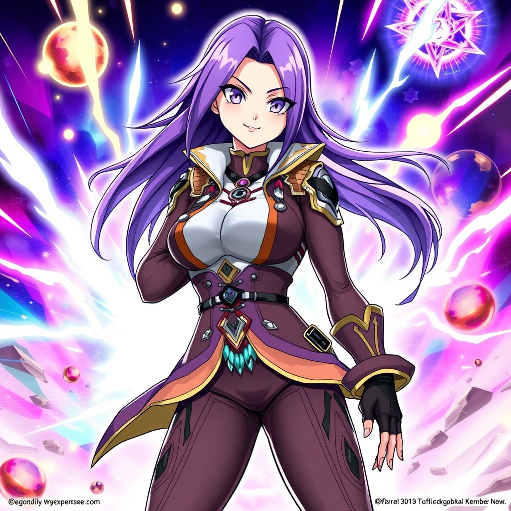 A dynamic and colorful illustration of Towa from Dragon Ball Xenoverse, showcasing her unique features and attire