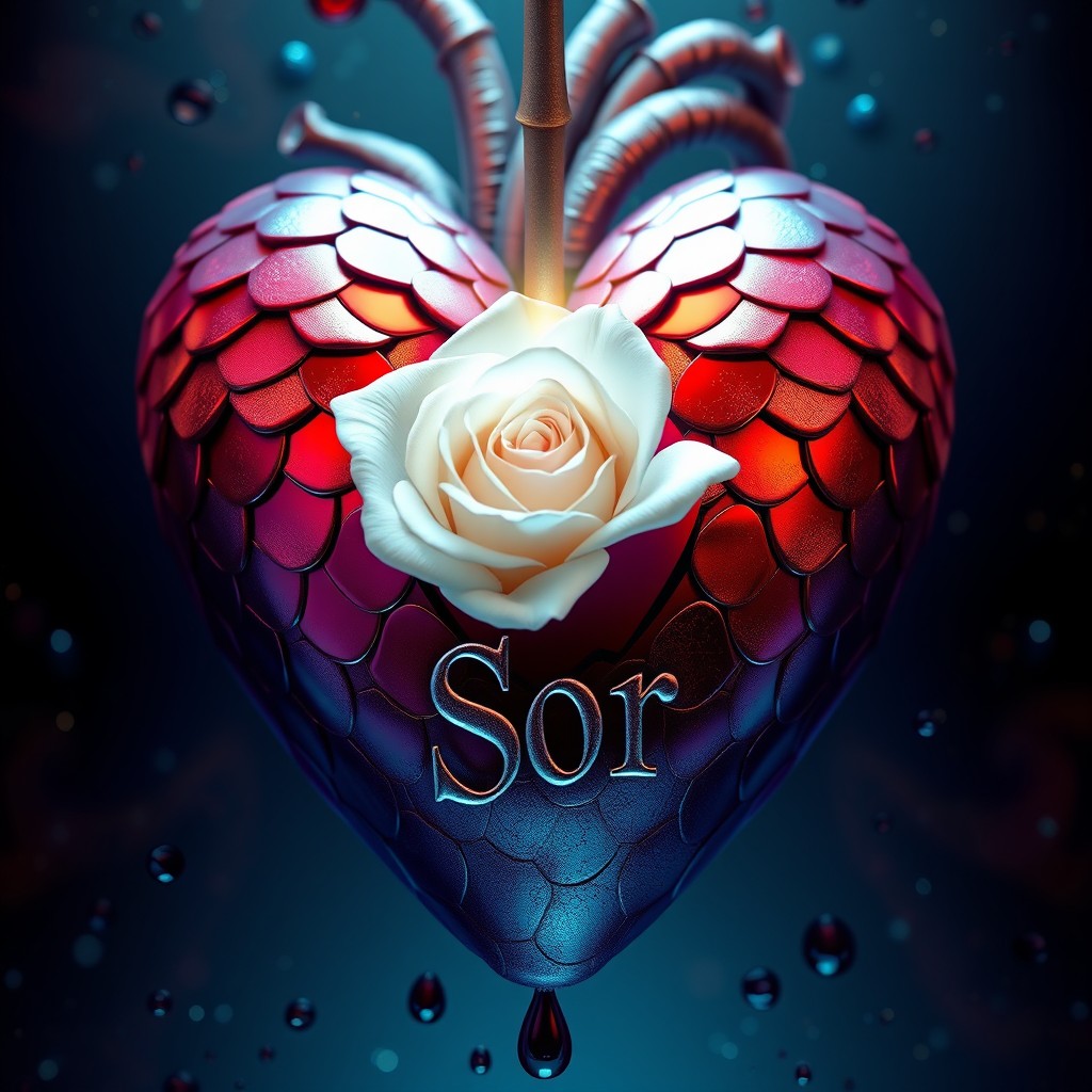 A realistic human heart with metallic scales in shades of purple and crimson red, featuring a perfect gradient