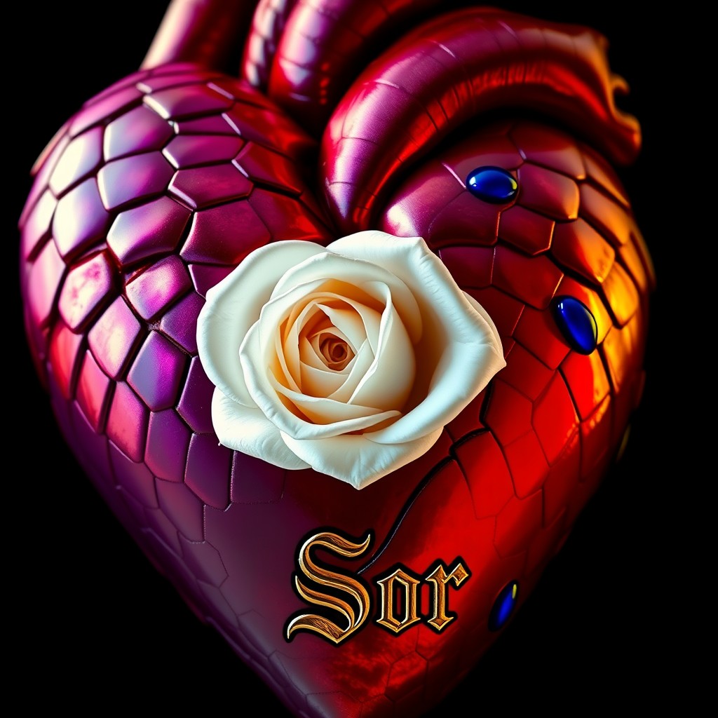 A realistic human heart with metallic scales in shades of purple and crimson red, showcasing a perfect gradient