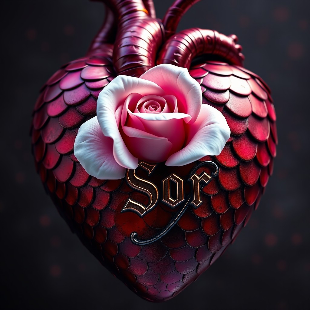 A realistic human heart covered with metallic scale-like skin in a stunning gradient of purple and crimson red