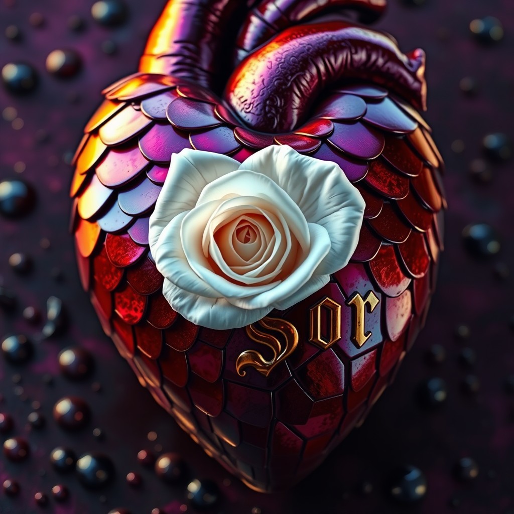 A realistic human heart with skin made of metallic scales in a perfect gradient of purple and crimson red