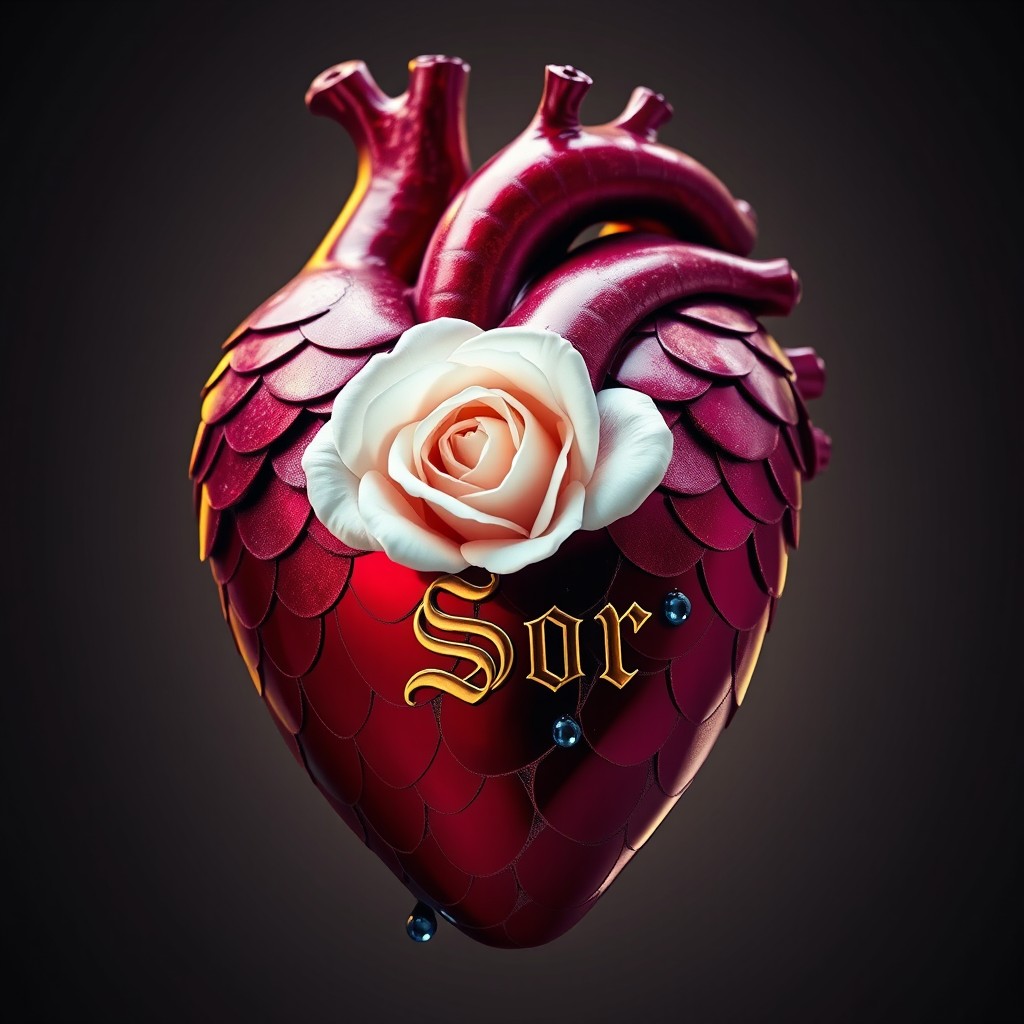 A realistic human heart with scales made of metallic sheets in a perfect gradient of purple and crimson red