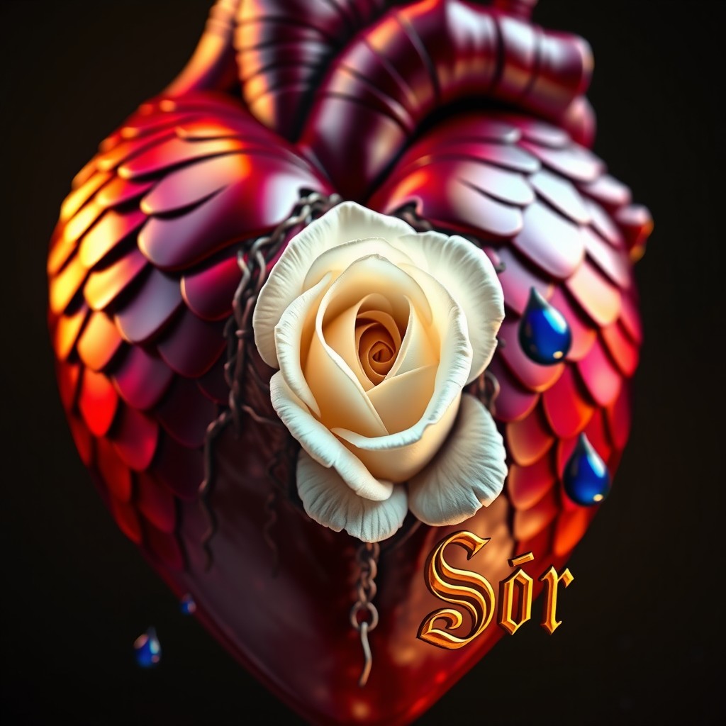A realistic human heart, featuring skin made of metallic scales in a stunning gradient of purple and crimson red