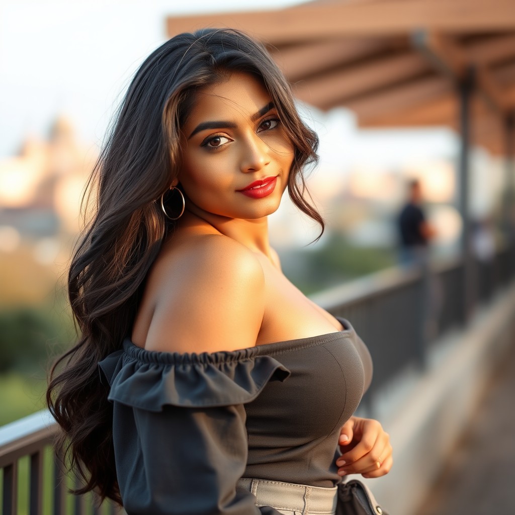 A captivating 24-year-old Indian woman exuding confidence and charm, posing in a stylish outfit that celebrates her curves