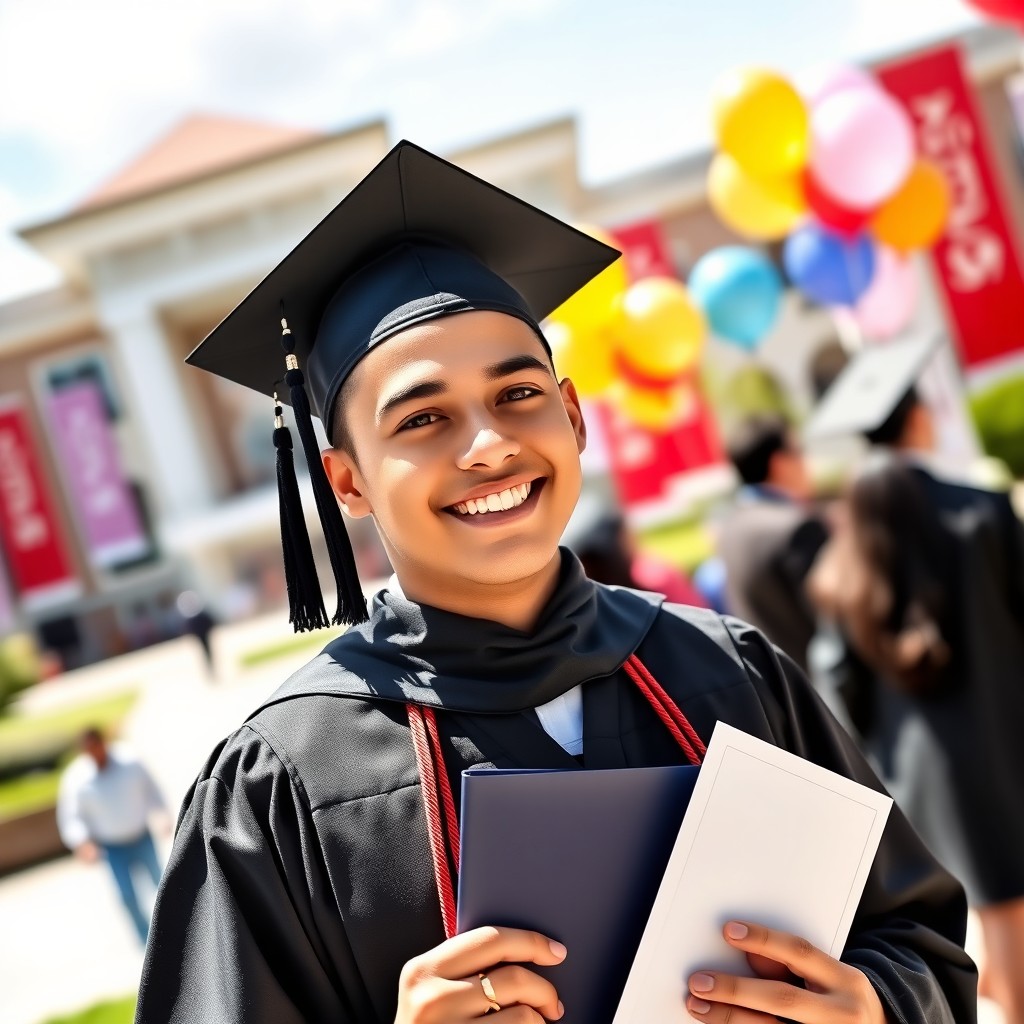 A proud graduate wearing a traditional academic cap and gown, smiling and holding a diploma certificate