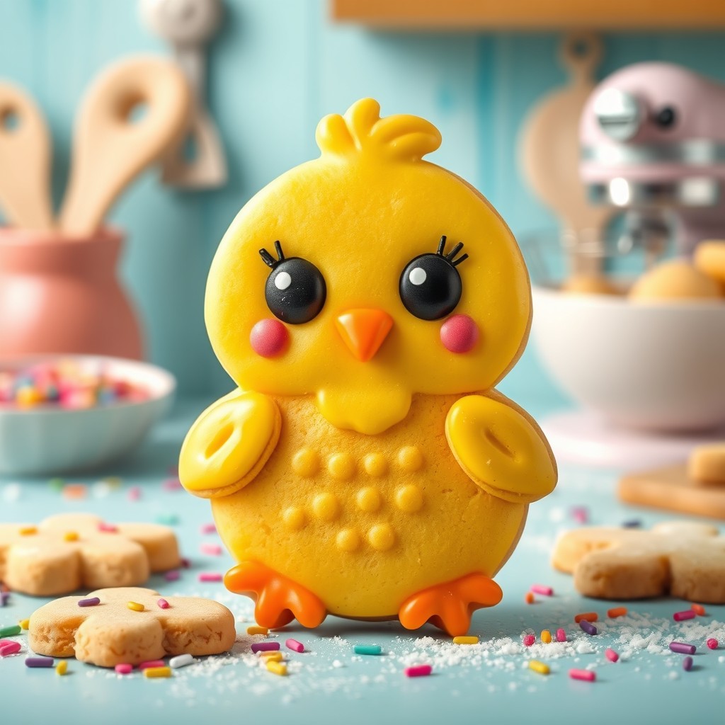 A whimsical and cute cookie shaped like a little chick, perfectly designed for a cheerful baking theme