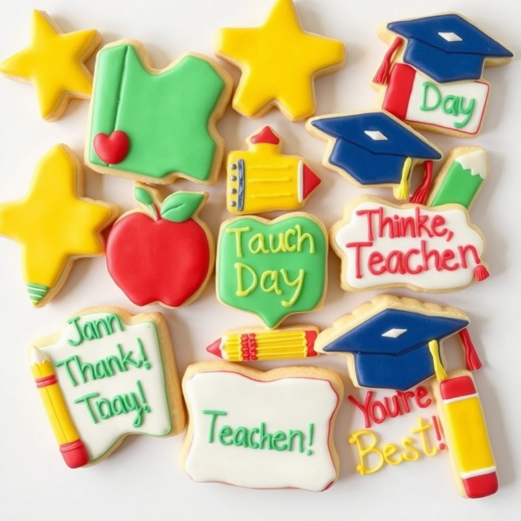 A delightful and creative cookie design idea for Teacher's Day, featuring a variety of shapes that celebrate education and appreciation for teachers