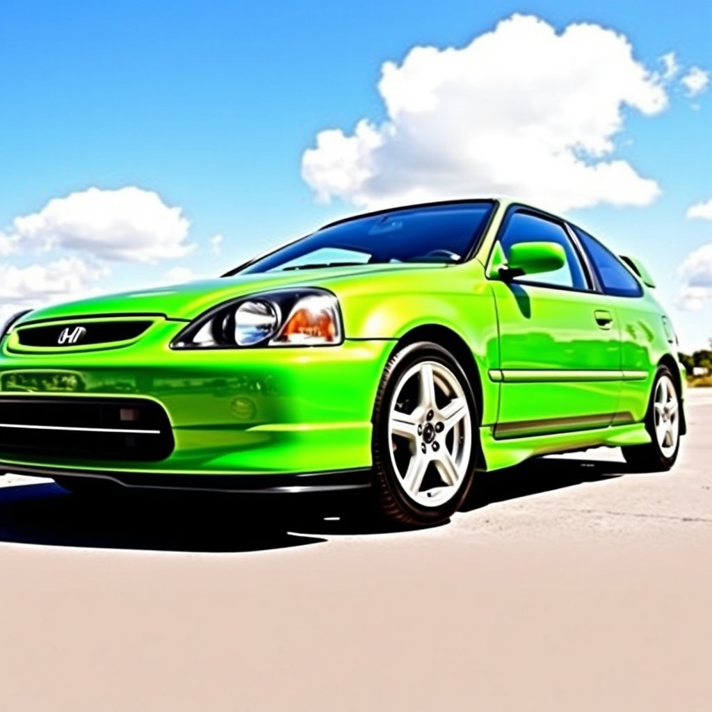A vibrant green 2000 Honda Civic Si parked on a sunny day, showcasing its sporty design and sleek lines