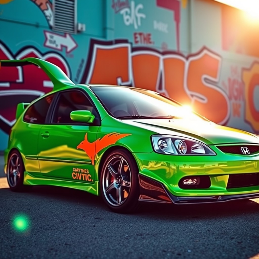 A 2000 Honda Civic Si in bright green color, featuring an eye-catching orange sticker on the side