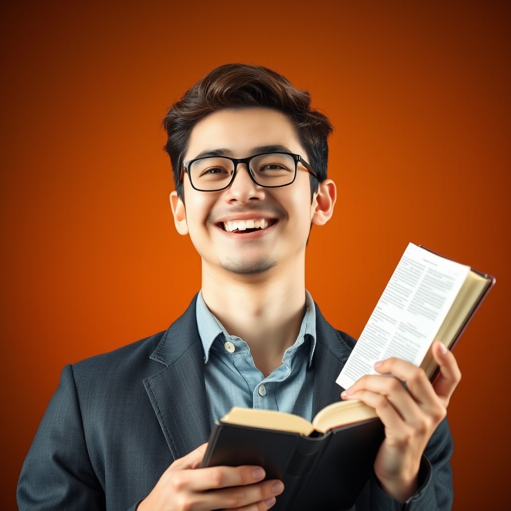 A studio shot of a theology student smiling happily, looking straight ahead