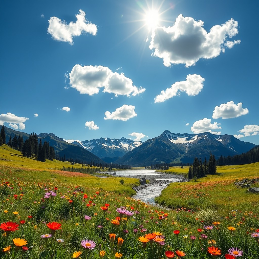 Breathtaking AI-Generated Landscape: Lush Meadows and Majestic Mountains