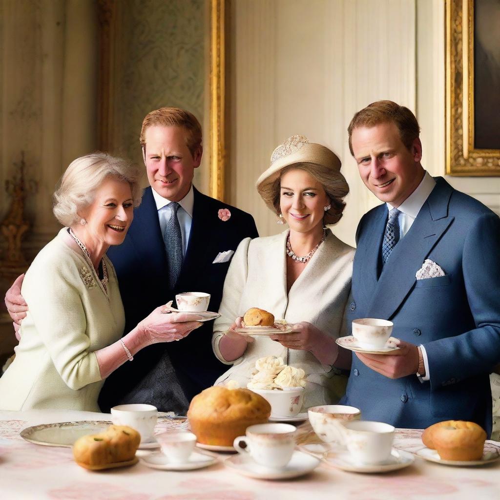 A dignified yet warm portrait of the British royal family sitting together, each enjoying a freshly baked muffin and a cup of classic English tea.