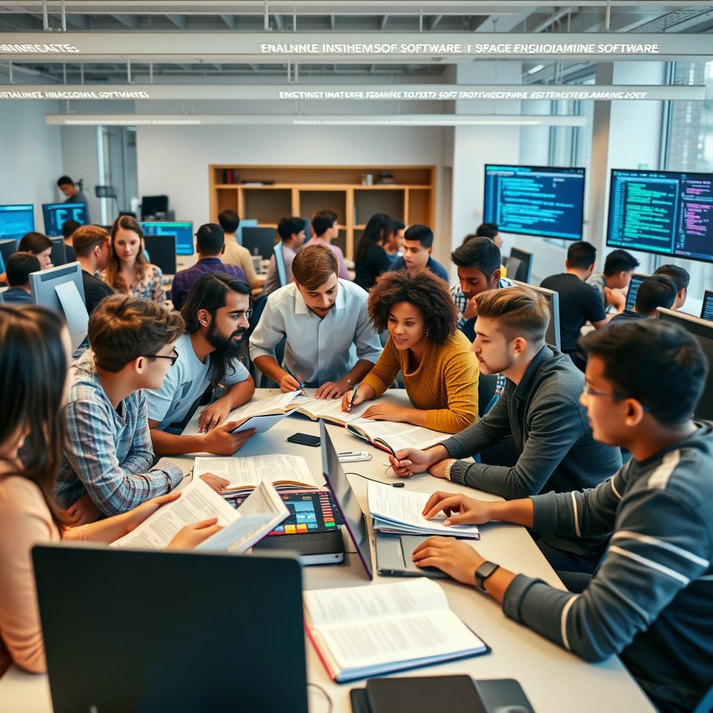A diverse group of engineering software students gathered around computers in a modern, bright university lab
