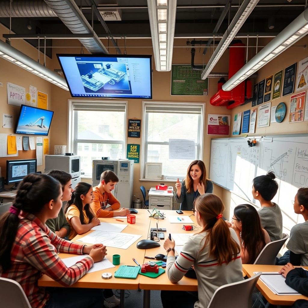 A vibrant and engaging classroom environment filled with students actively collaborating on engineering design projects, featuring various high-tech tools and equipment like CAD software displayed on computer screens, 3D printers, and other engineering gadgets