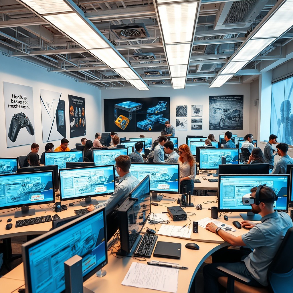An advanced design software lab filled with modern technology, showcasing rows of sleek computers equipped with high-resolution screens displaying intricate design software interfaces