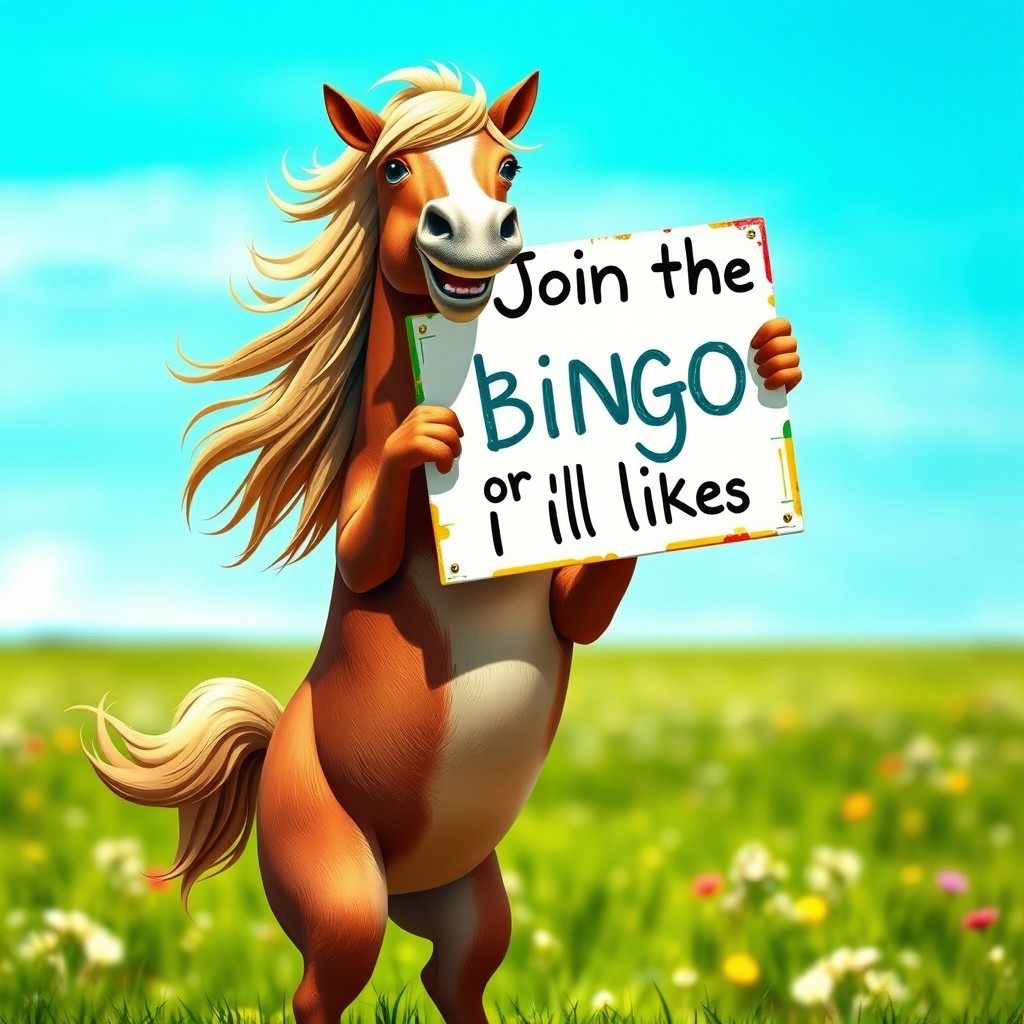 A whimsical scene featuring a horse standing on its hind legs, playfully holding a sign that reads 'Join the bingo or I’ll lick your lips'