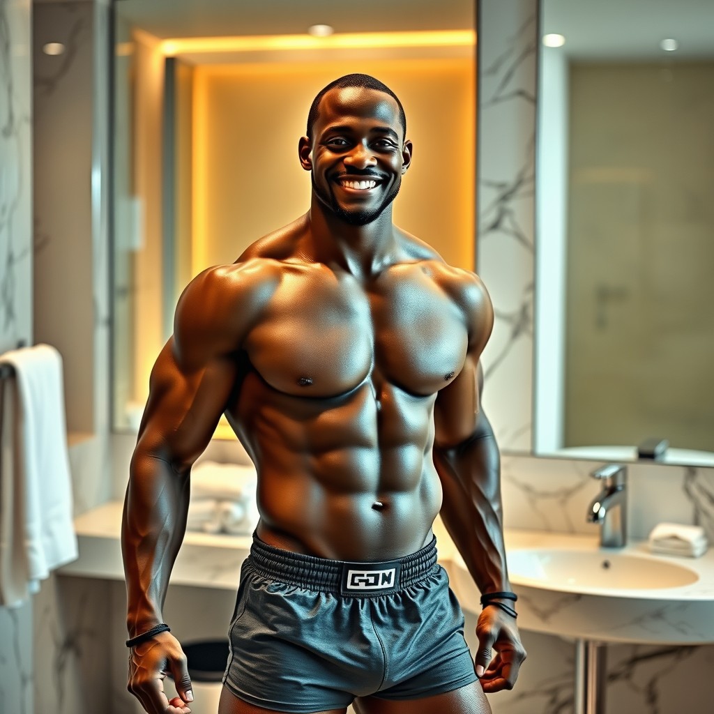 A strong, athletic black man in boxers, confidently standing in a modern bathroom