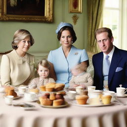 A dignified yet warm portrait of the British royal family sitting together, each enjoying a freshly baked muffin and a cup of classic English tea.