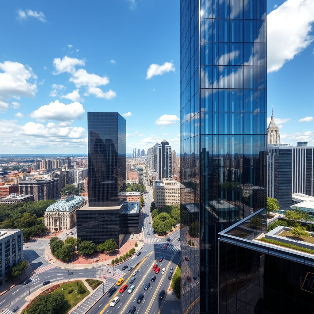 A stunning view of a high-rise corporate building featuring large glass windows that reflect the surrounding city skyline