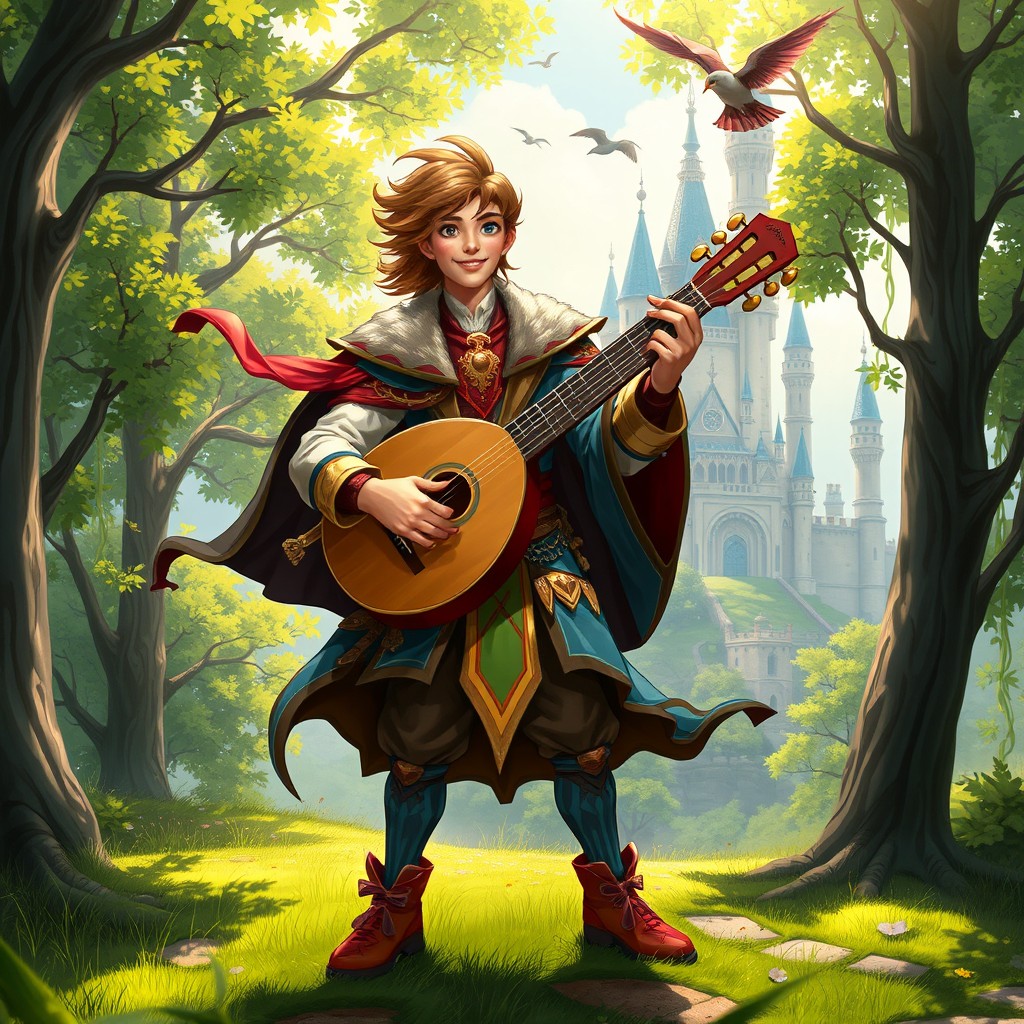 A heroic bard character inspired by fantasy themes, featuring a charismatic performer with a lute in hand, adorned in a colorful costume with intricate details