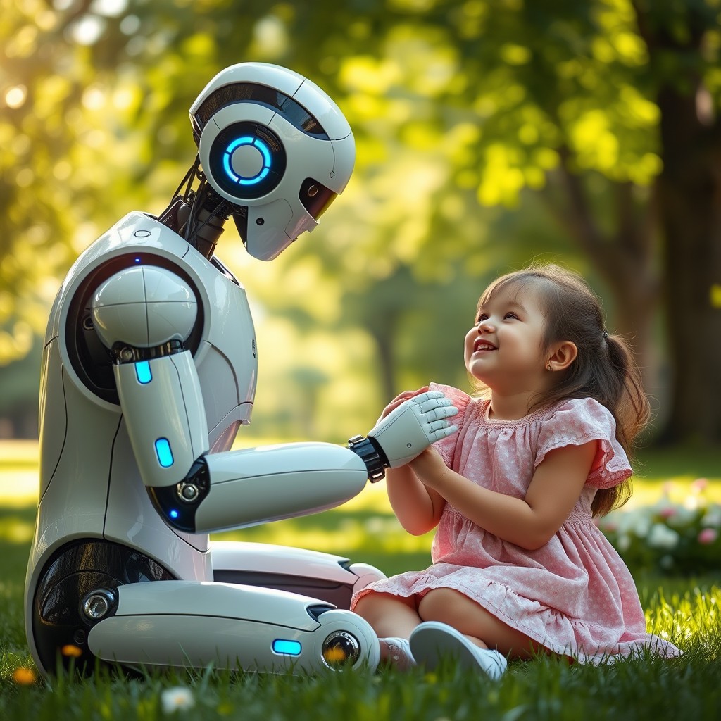 A humanoid robot gently petting a girl, both looking content and playful