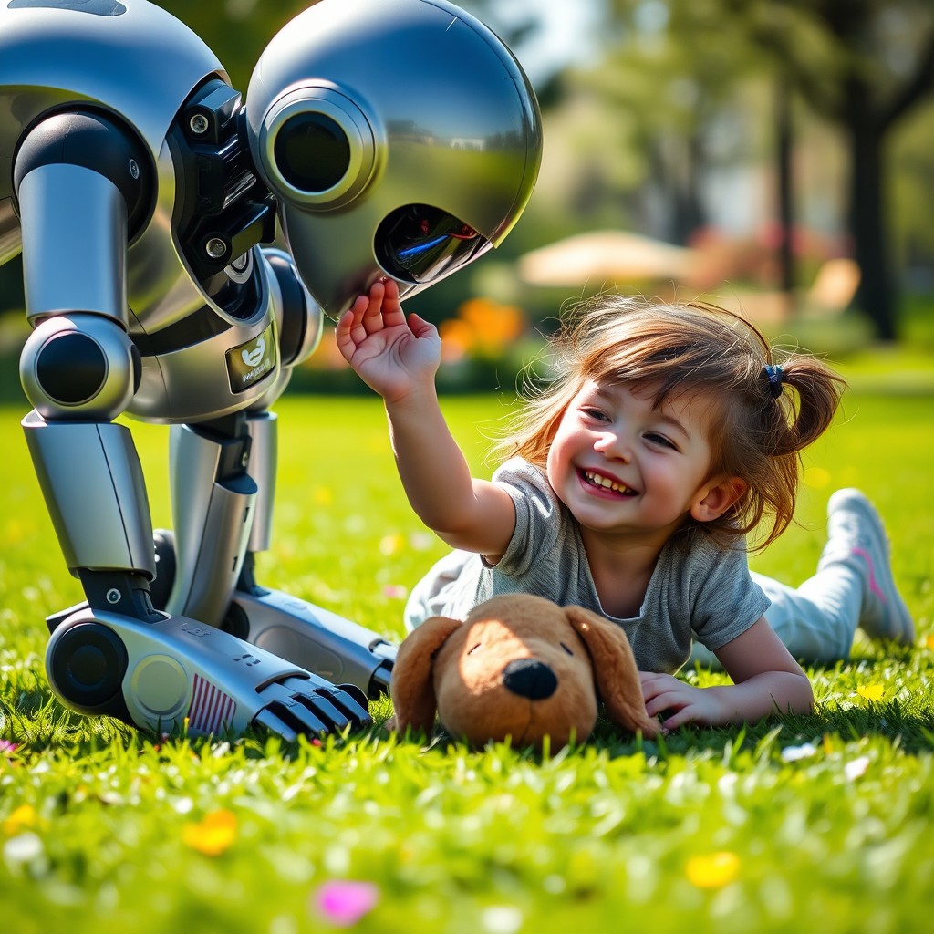 A humanoid robot gently petting a girl who is playfully lying on the ground like a dog