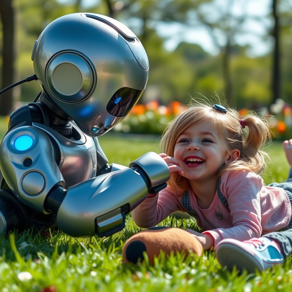 A humanoid robot gently petting a girl who is playfully lying on the ground like a dog