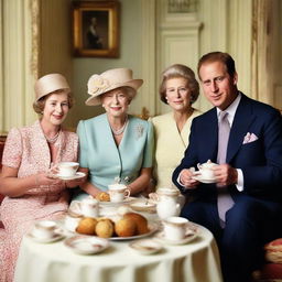 A dignified yet warm portrait of the British royal family sitting together, each enjoying a freshly baked muffin and a cup of classic English tea.