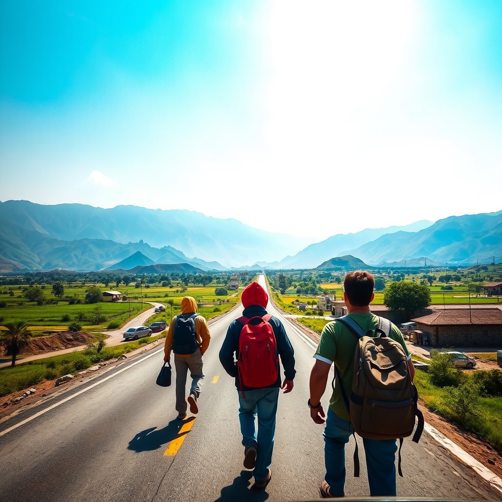 A scenic road trip representing a journey from India to Afghanistan by land, capturing the essence of hitchhiking and adventure
